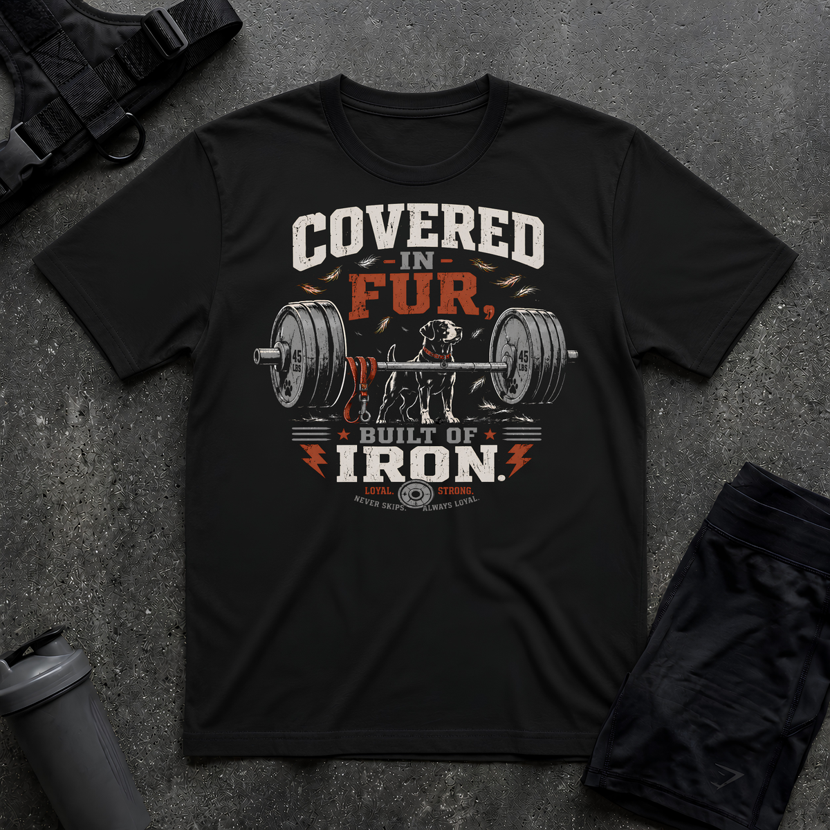 COVERED IN FUR BUILT OF IRON T-SHIRT