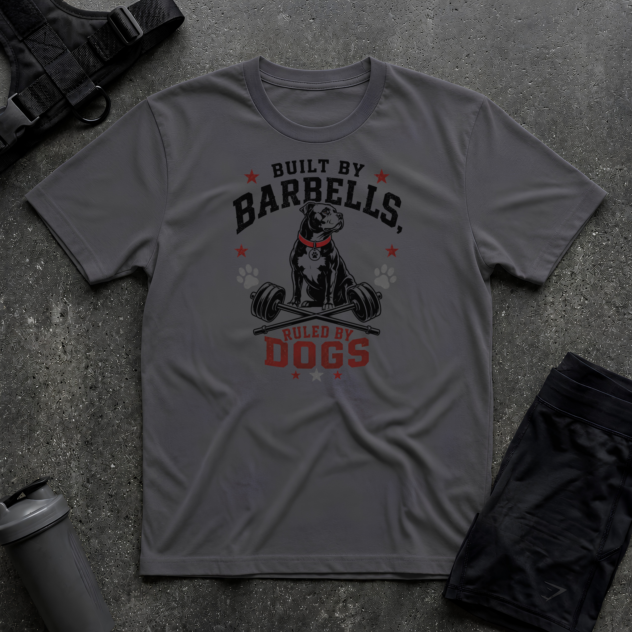 BUILT BY BARBELLS RULED BY DOGS T-SHIRT