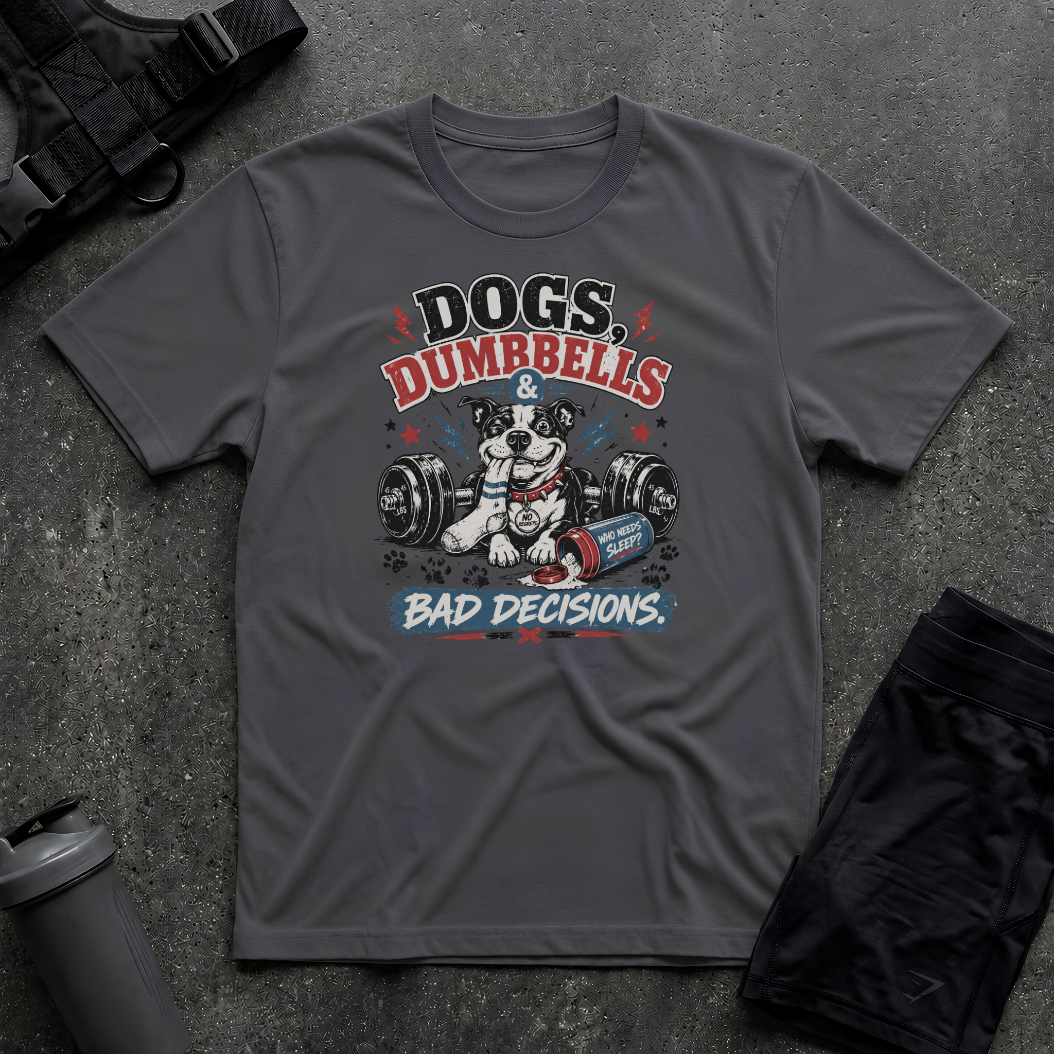 DOG DUMBBELLS BAD DECISIONS T-SHIRT