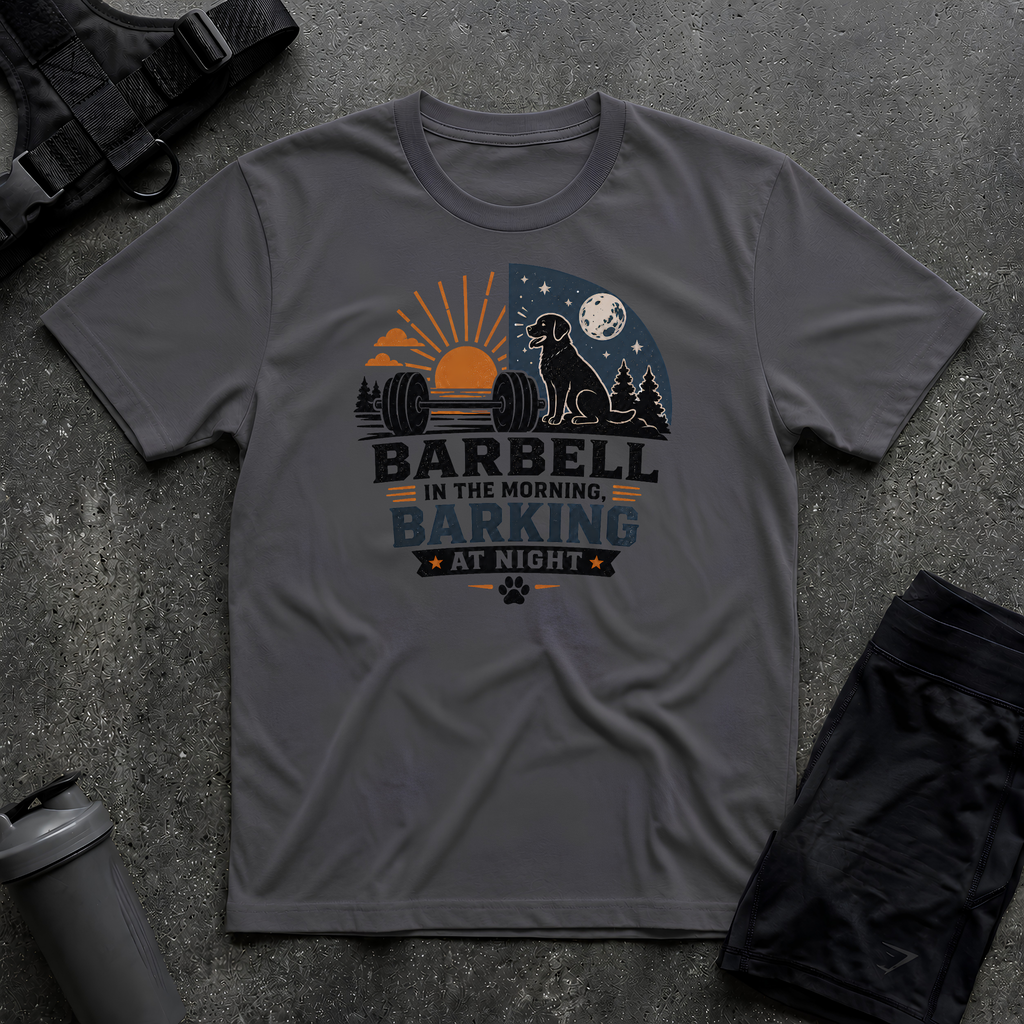 BARBELL IN THE MORNING BARKING AT NIGHT T-SHIRT
