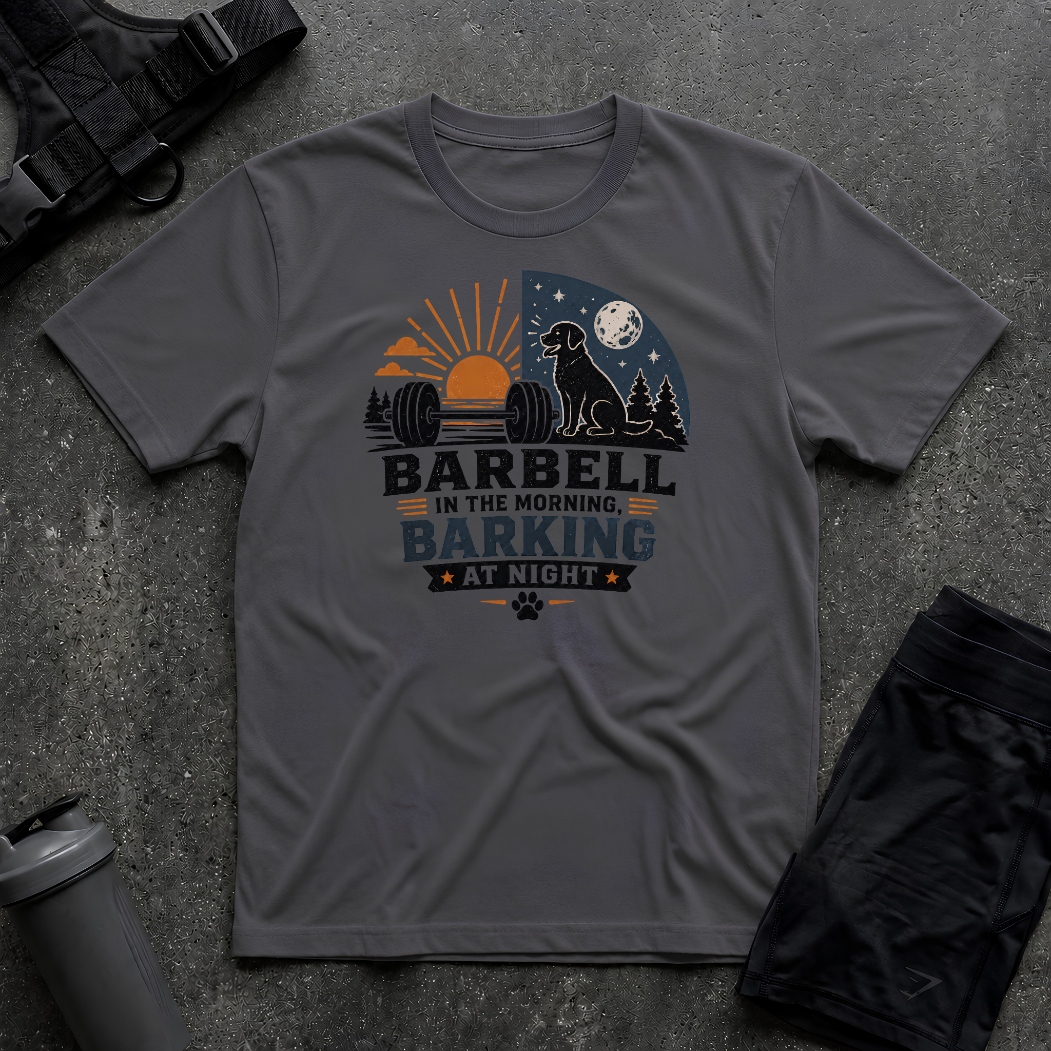 BARBELL IN THE MORNING BARKING AT NIGHT T-SHIRT