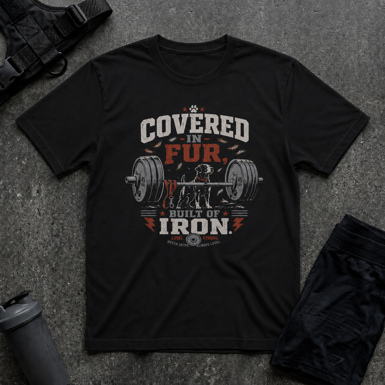 COVERED IN FUR BUILT OF IRON T-SHIRT