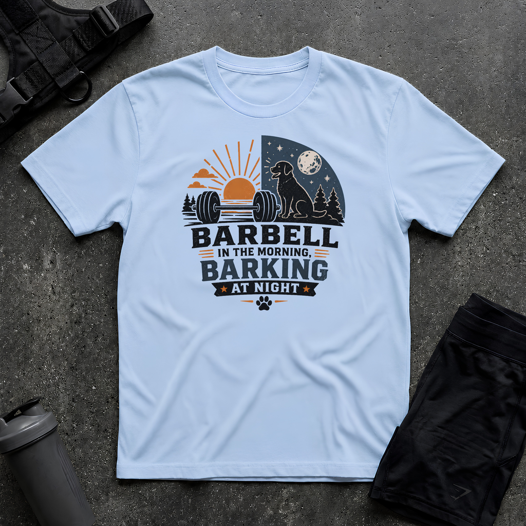 BARBELL IN THE MORNING BARKING AT NIGHT T-SHIRT