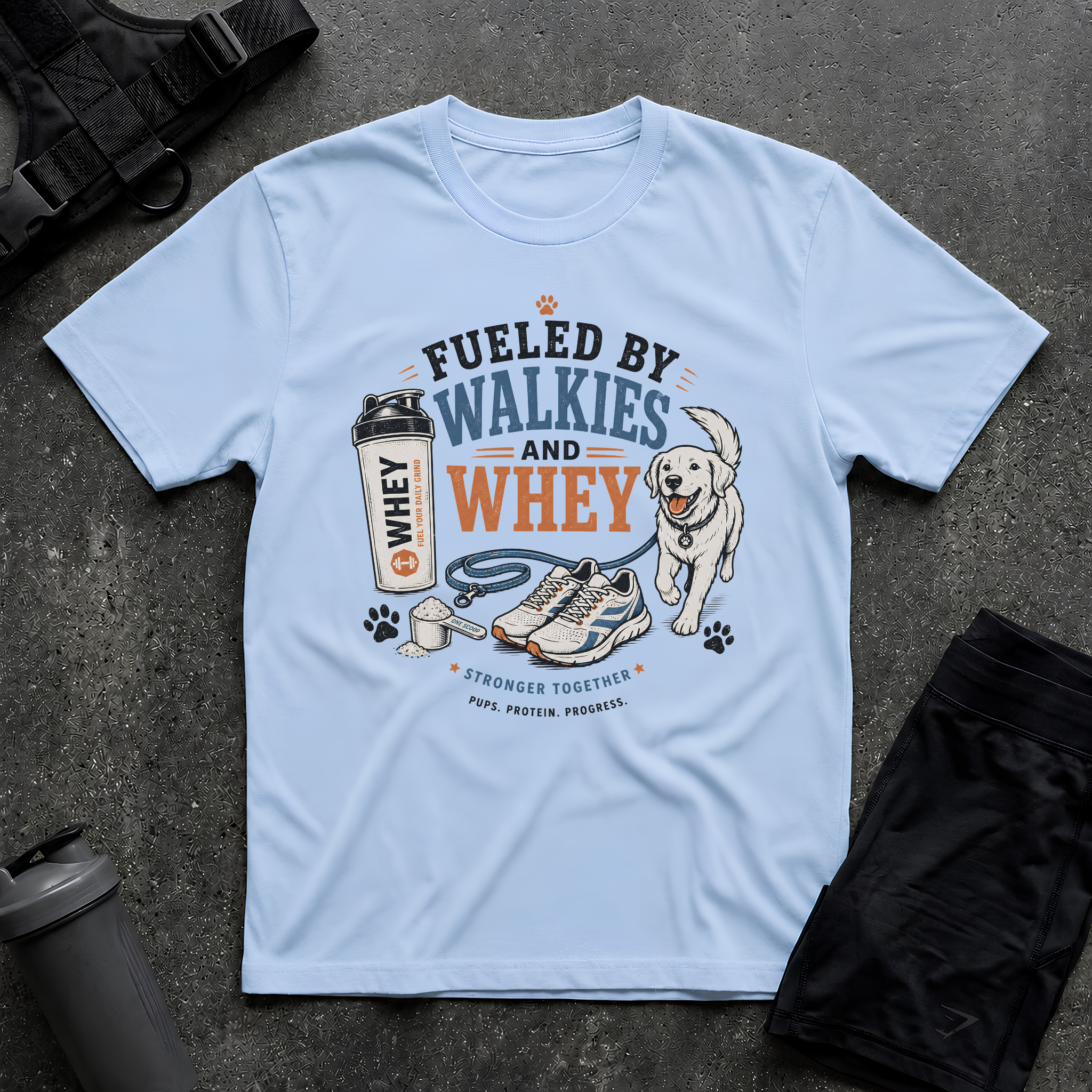 FUELED BY WALKIES AND WHEY T-SHIRT