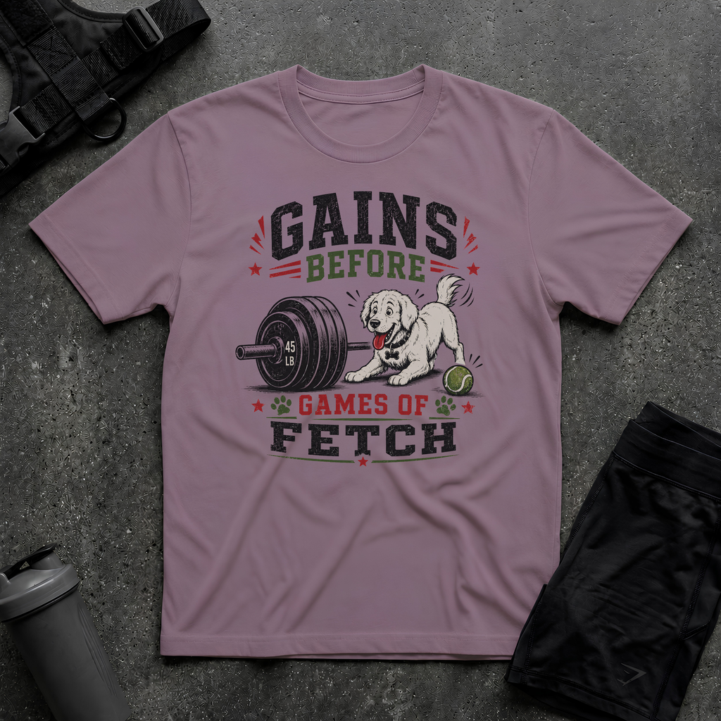 GAINS BEFORE GAMES OF FETCH T-SHIRT