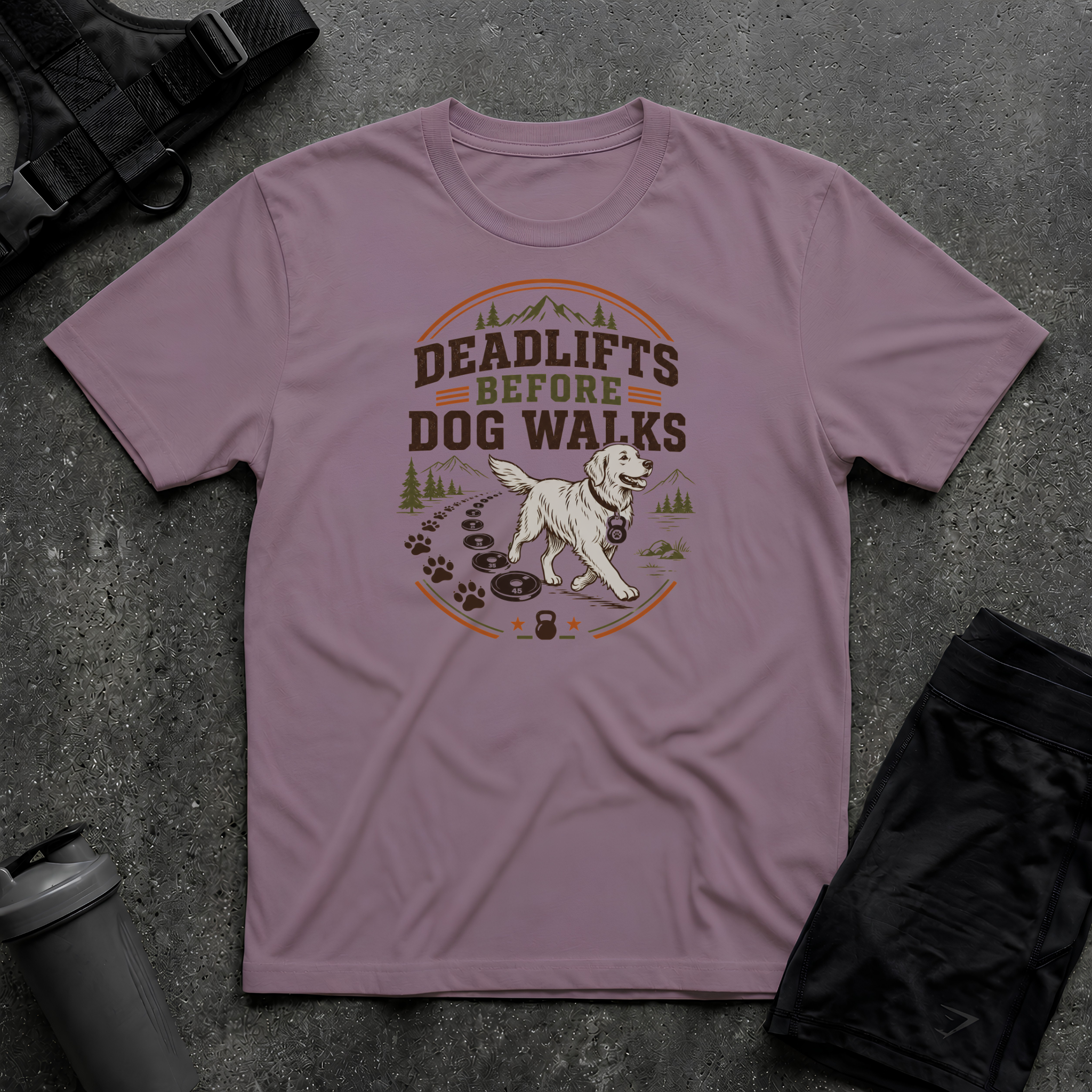 DEADLIFTS BEFORE DOG WALKS T-SHIRT