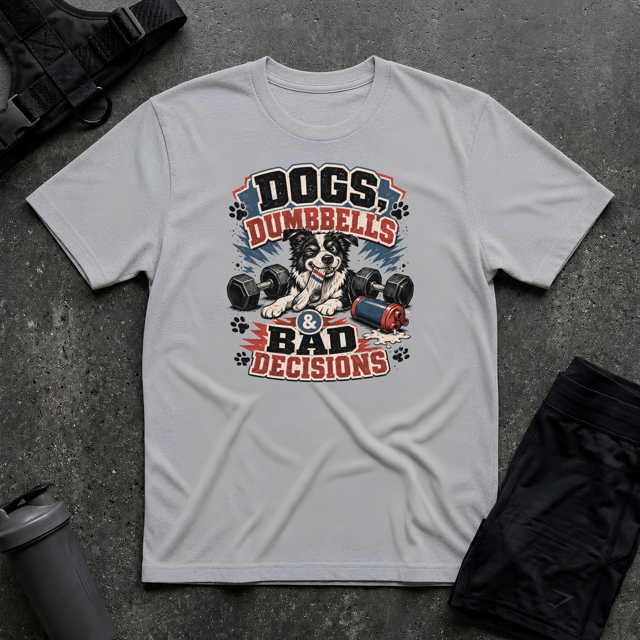 DOG DUMBBELLS & BAD DECISIONS T-SHIRT