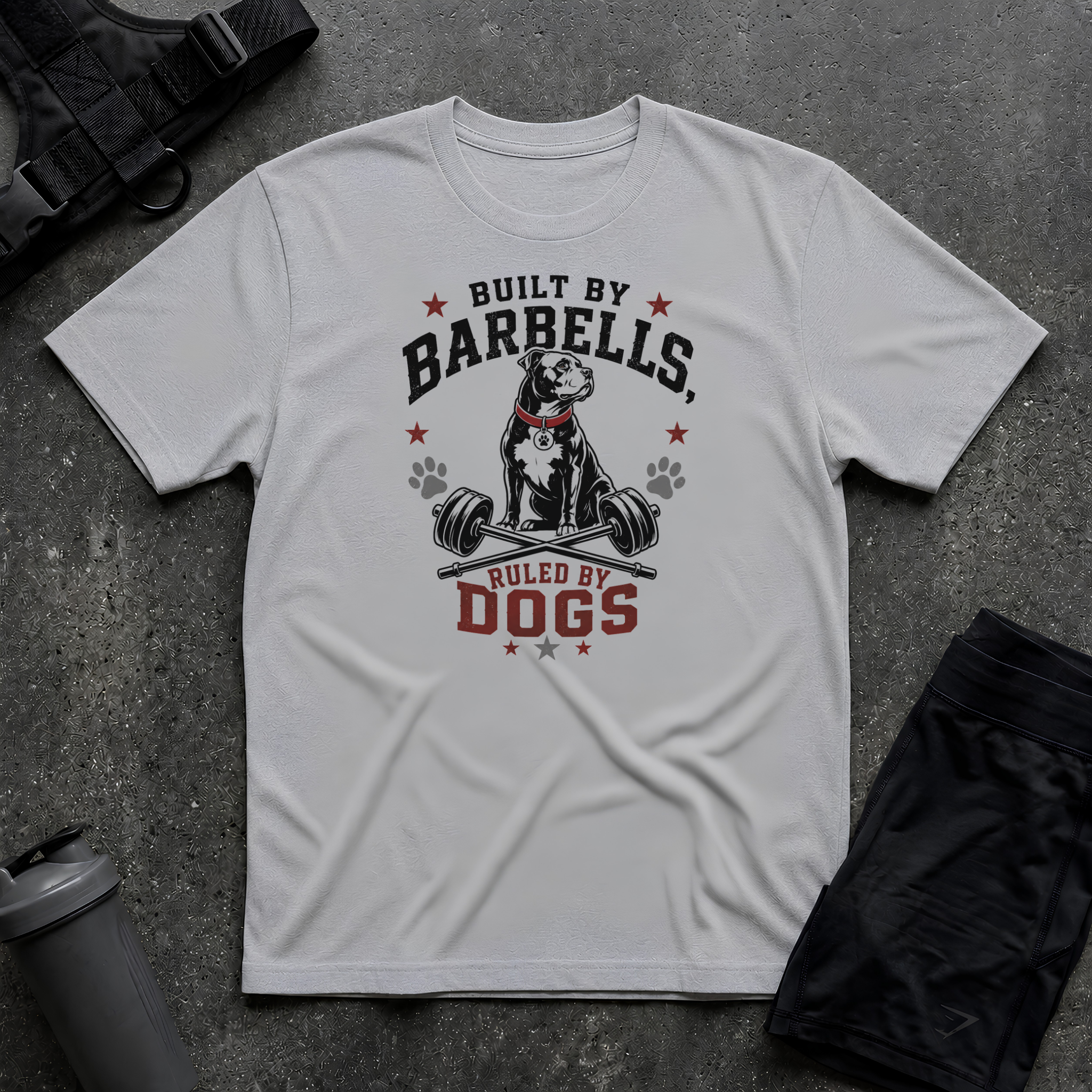 BUILT BY BARBELLS RULED BY DOGS T-SHIRT