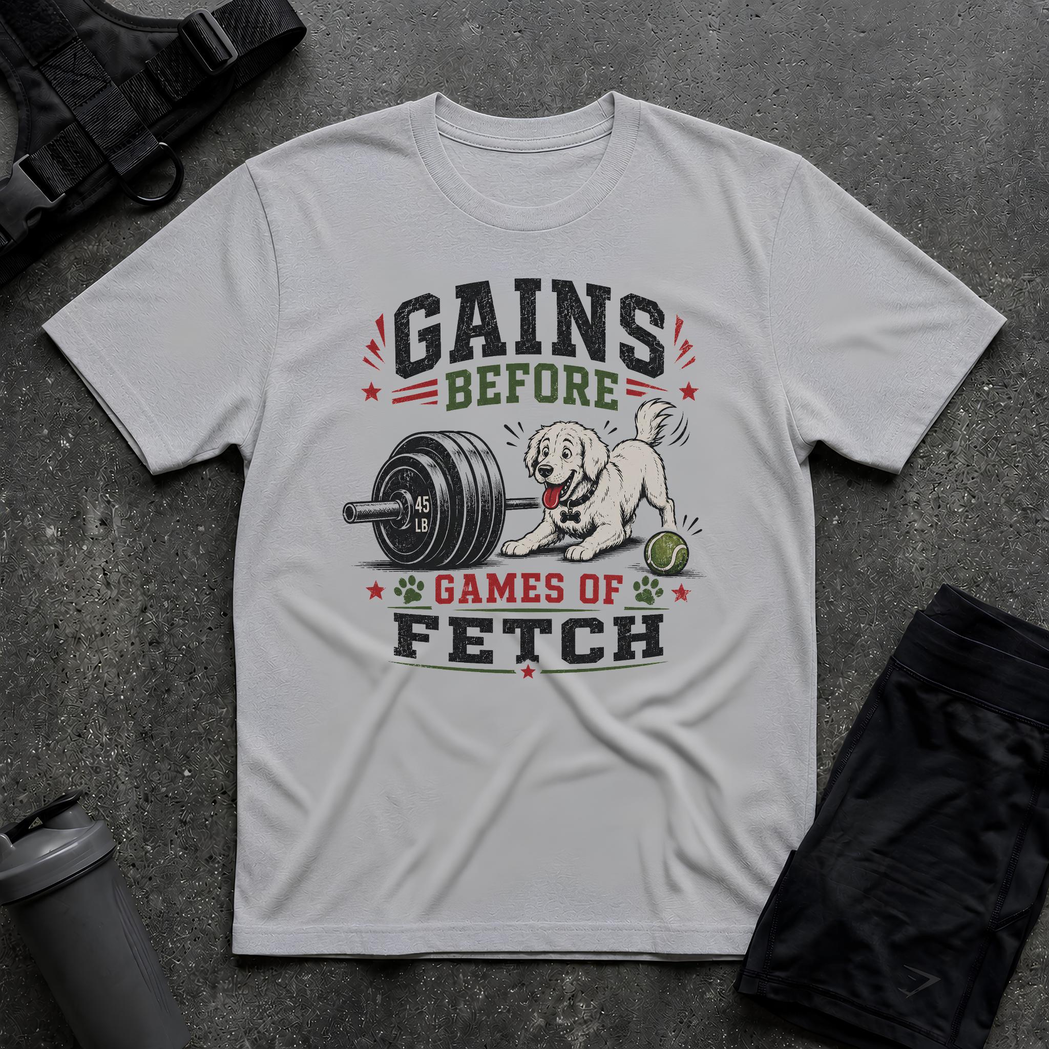 GAINS BEFORE GAMES OF FETCH T-SHIRT