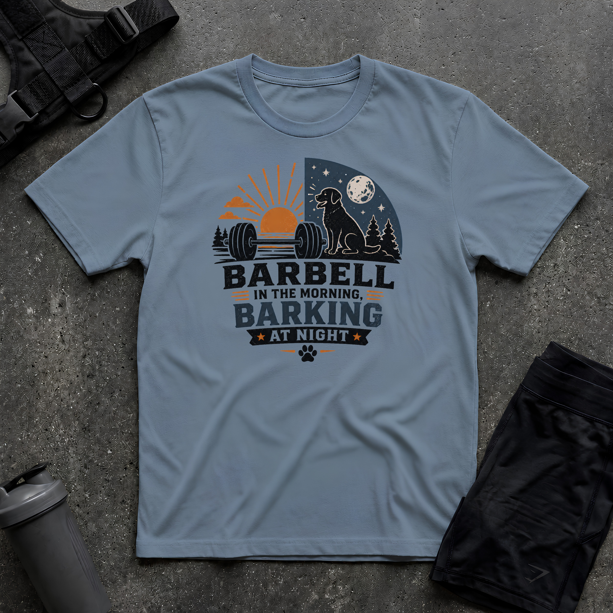 BARBELL IN THE MORNING BARKING AT NIGHT T-SHIRT