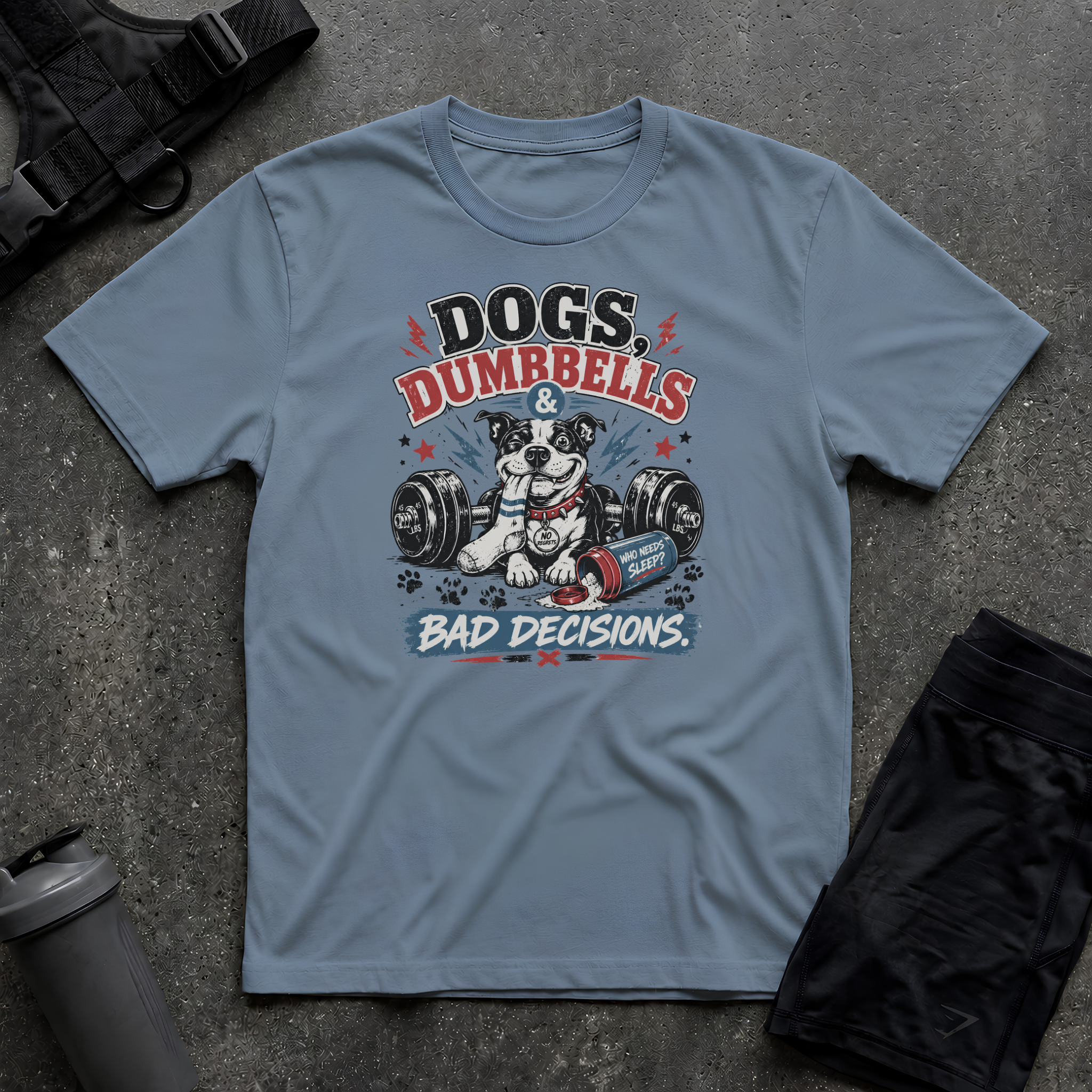 DOG DUMBBELLS BAD DECISIONS T-SHIRT