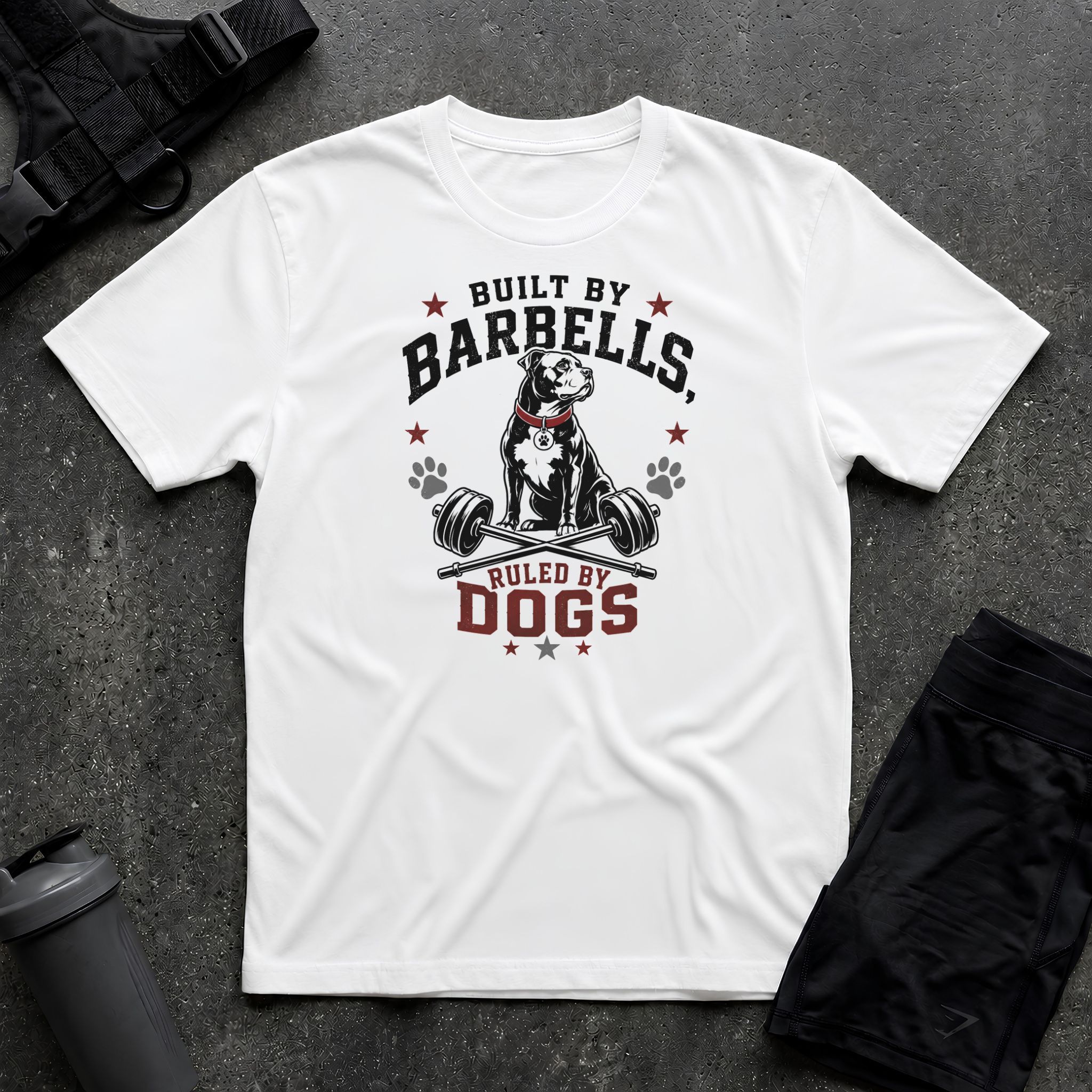 BUILT BY BARBELLS RULED BY DOGS T-SHIRT