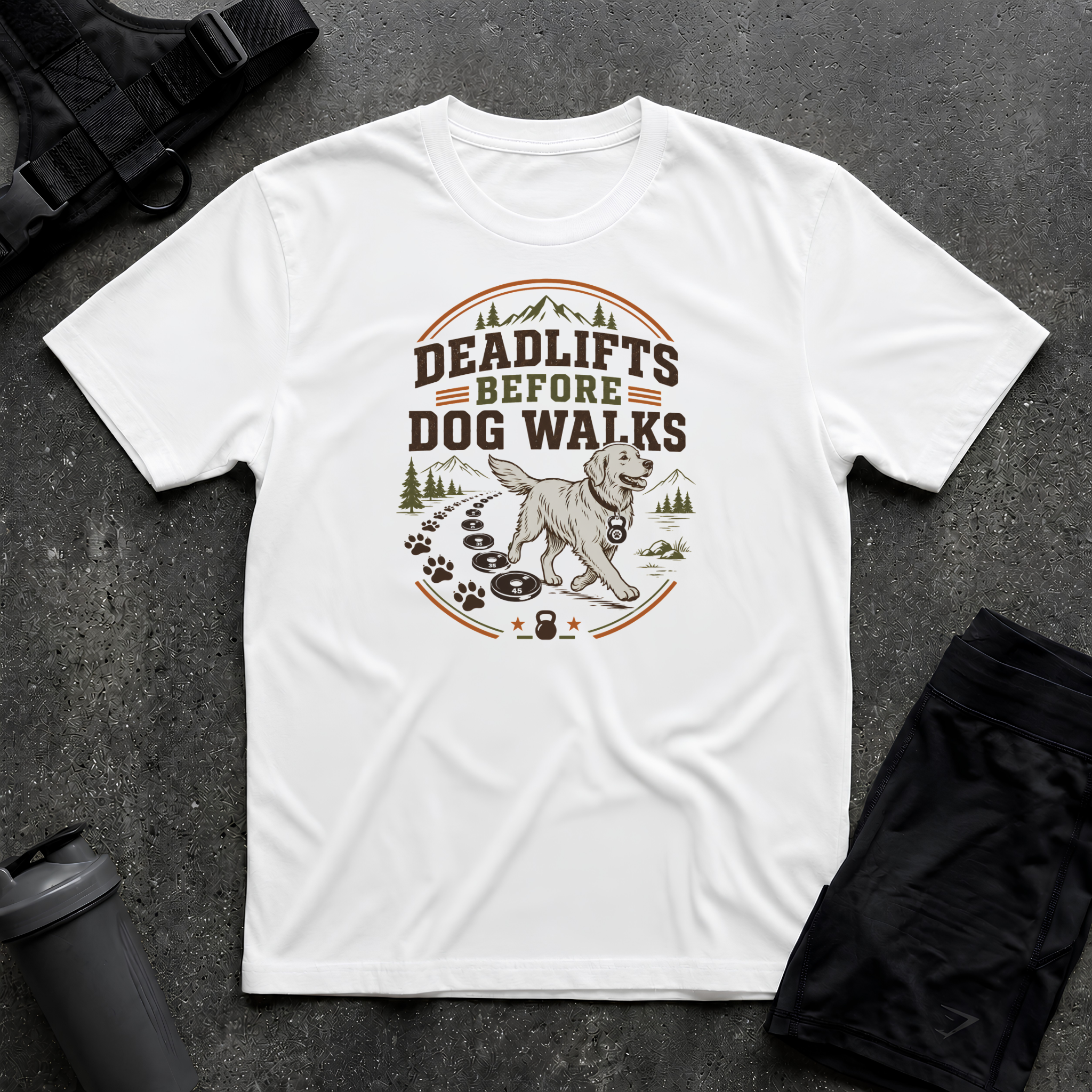 DEADLIFTS BEFORE DOG WALKS T-SHIRT