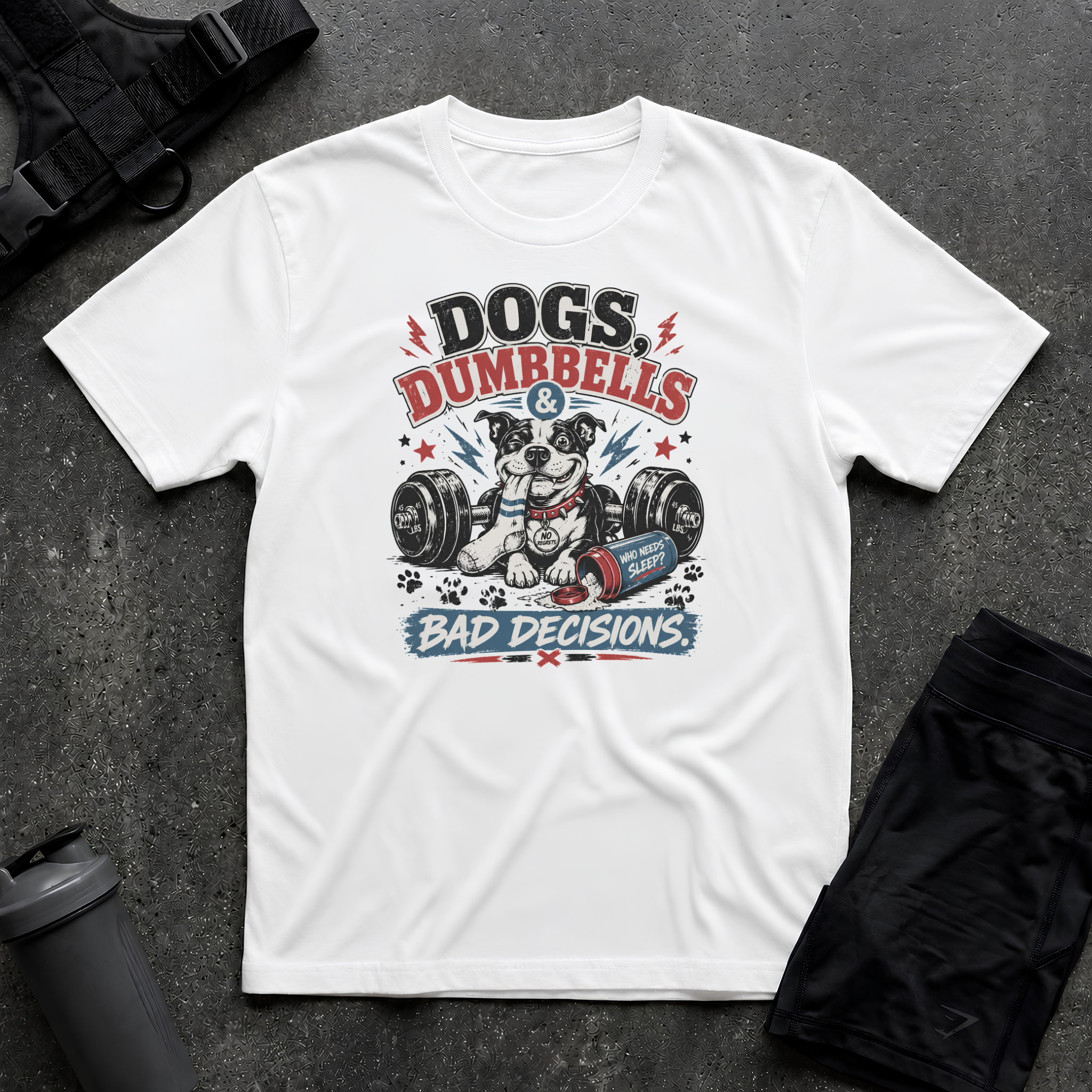 DOG DUMBBELLS BAD DECISIONS T-SHIRT