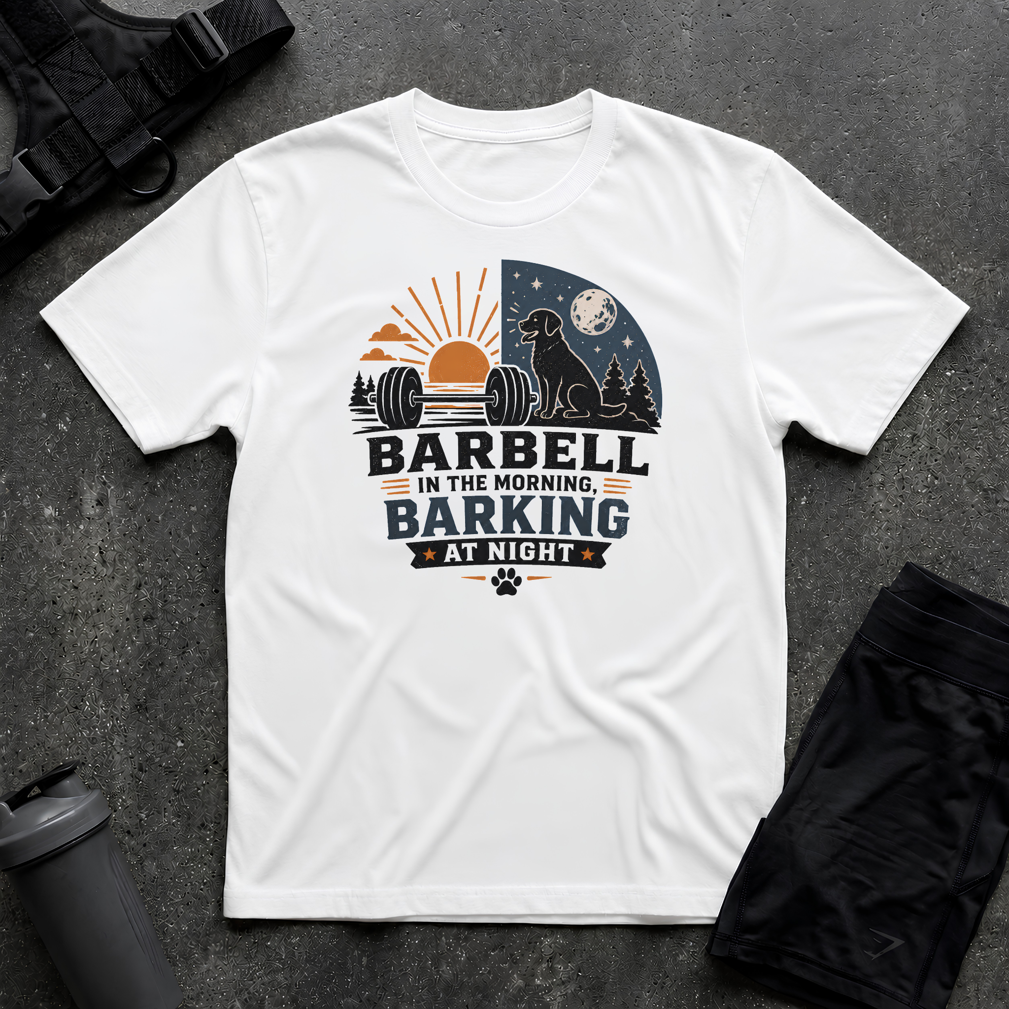 BARBELL IN THE MORNING BARKING AT NIGHT T-SHIRT