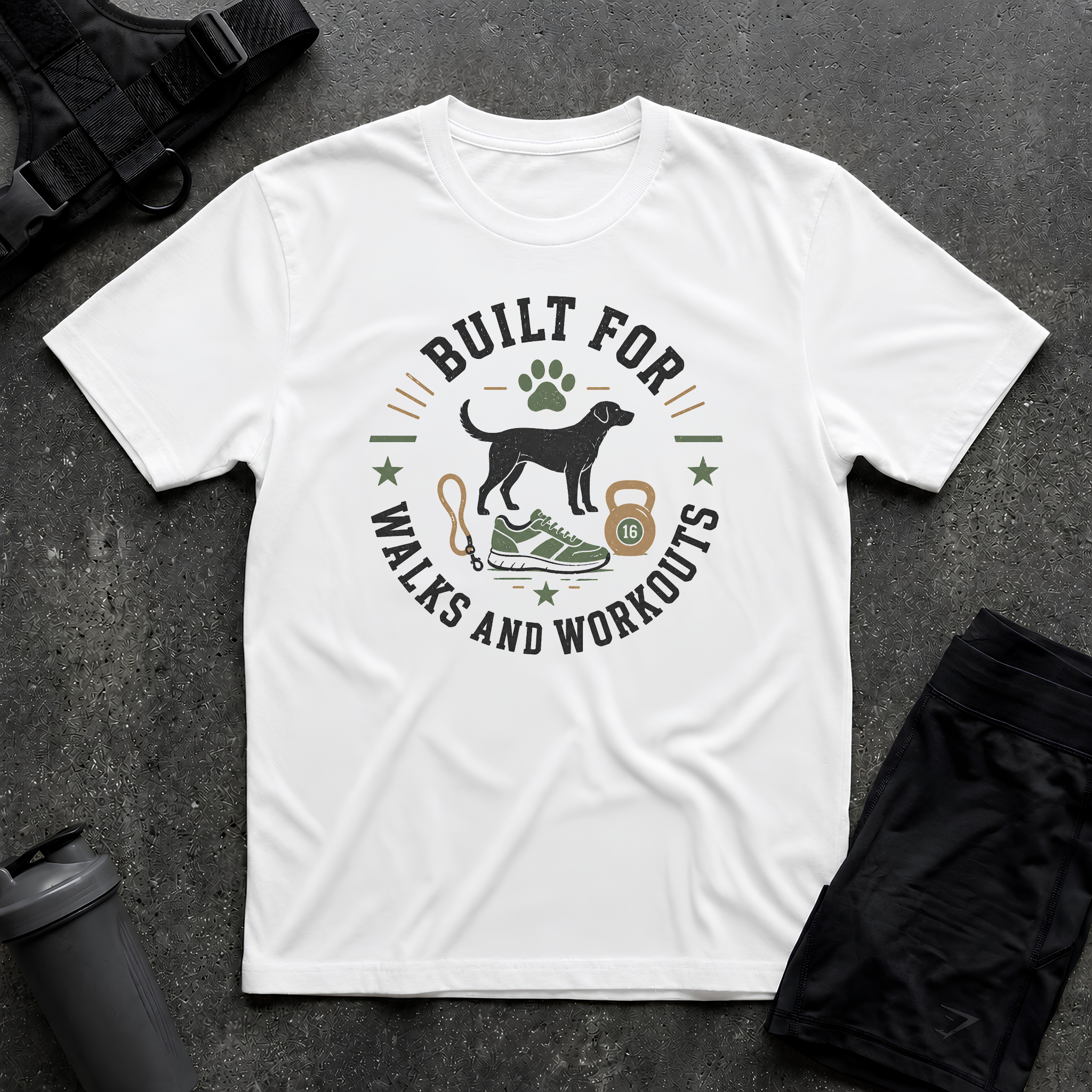 BUILT FOR WALKS AND WORKOUTS T-SHIRT