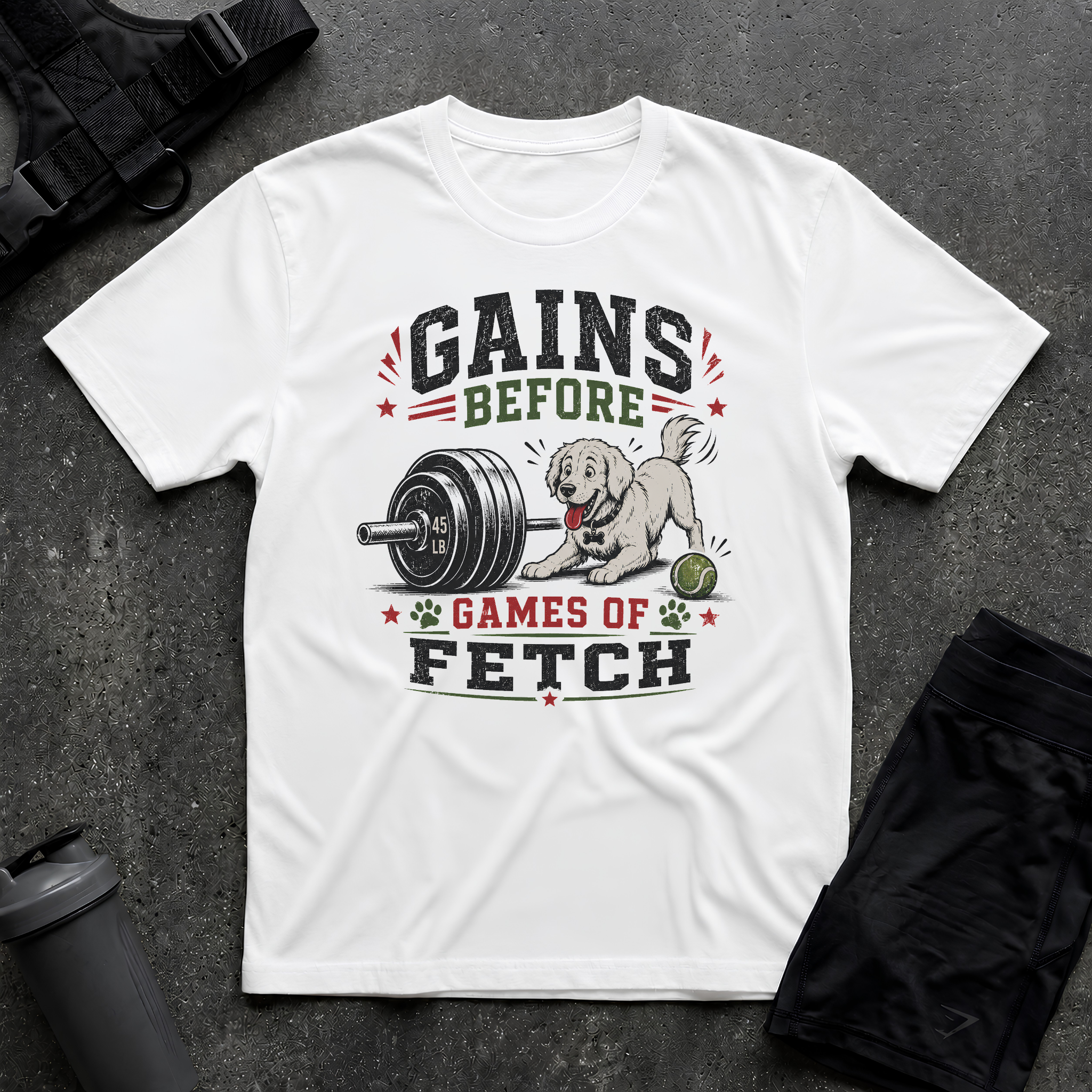 GAINS BEFORE GAMES OF FETCH T-SHIRT