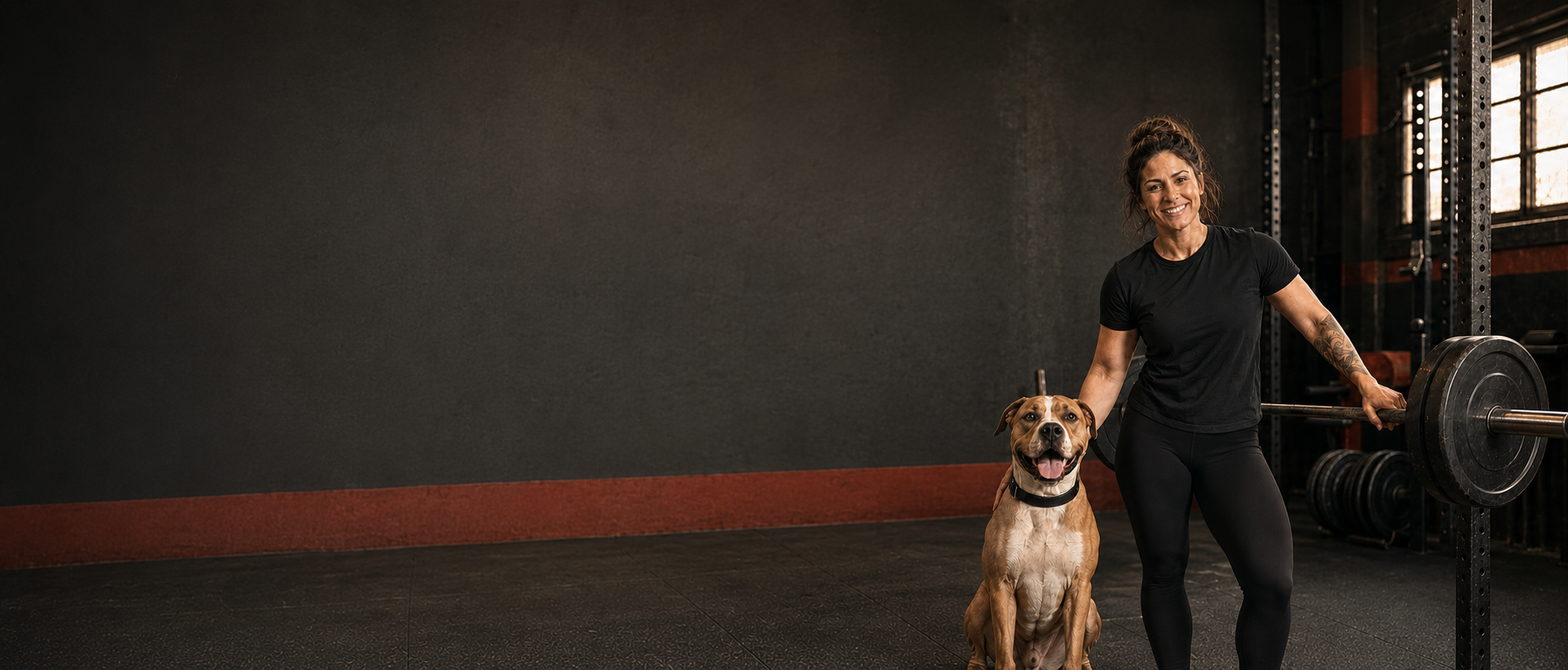 Woman lifter with dog in an old-school strength gym