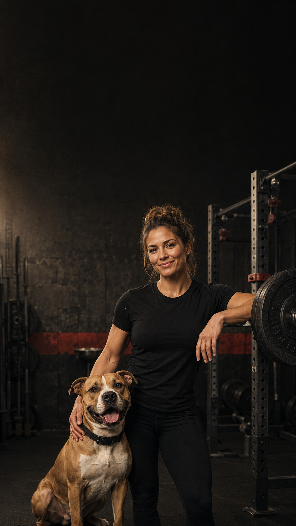 Woman and dog together in a strength gym